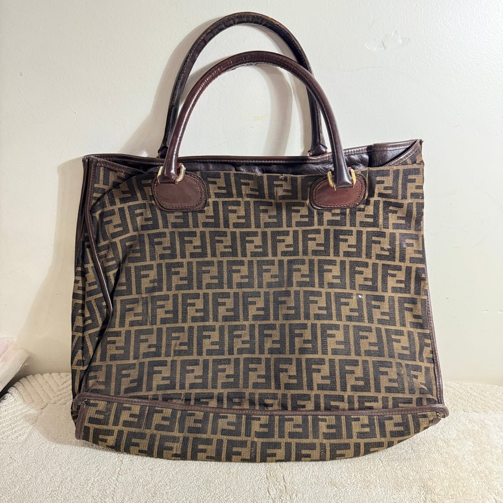 Vintage Fendi Women's Brown Zucca FF Monogram Large Tote Handbag Made in Italy